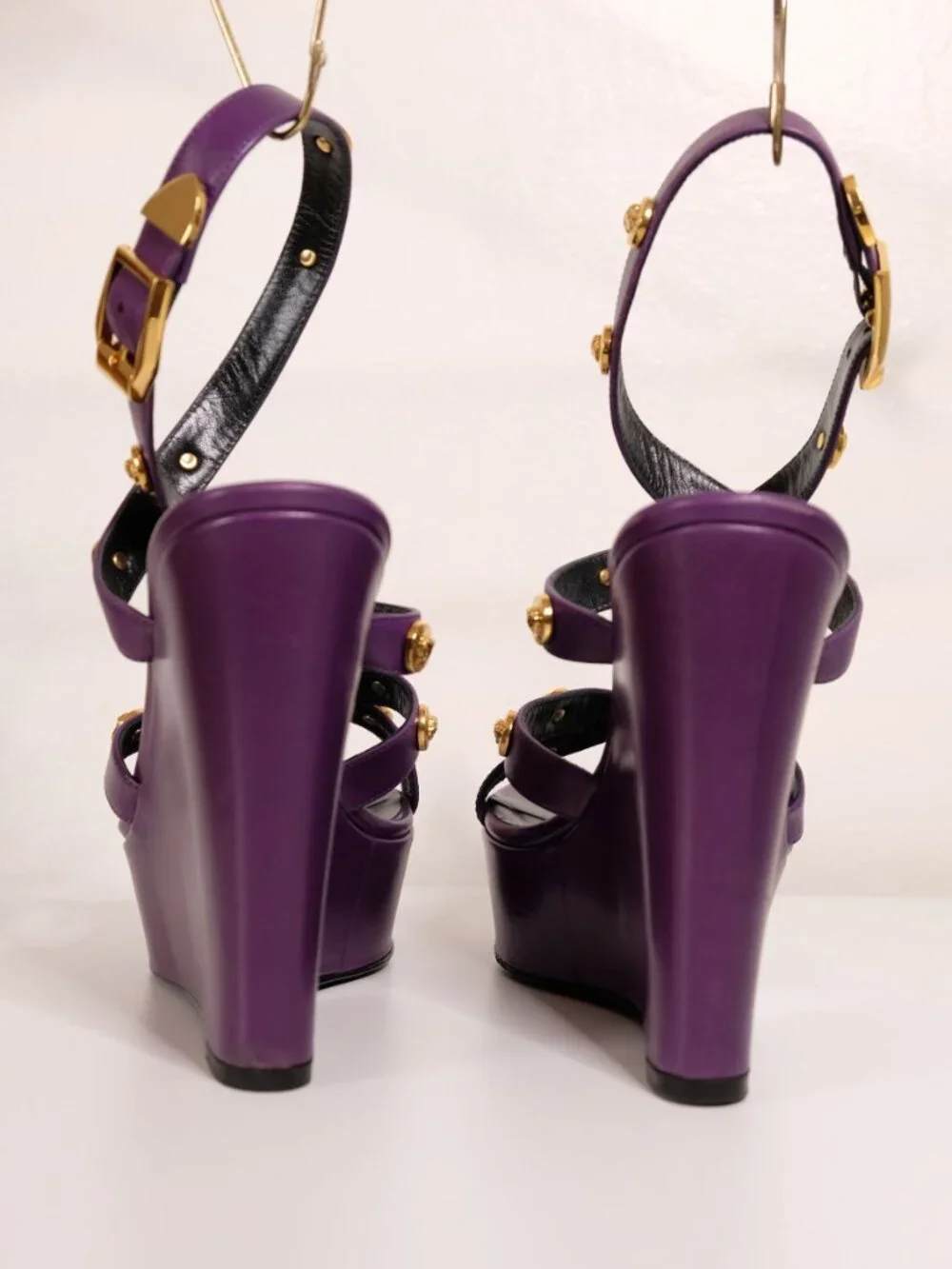 Versace Medusa Studded Platform Wedge Sandals, Royal Purple, size